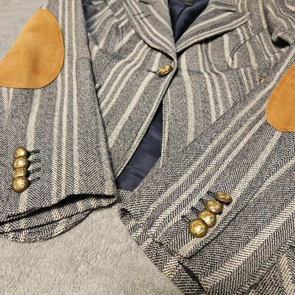Smythe Tweed Single Button Wool Linen Blend Blazer Suede Elbow Patches Size 8 - Picture 3 of 13